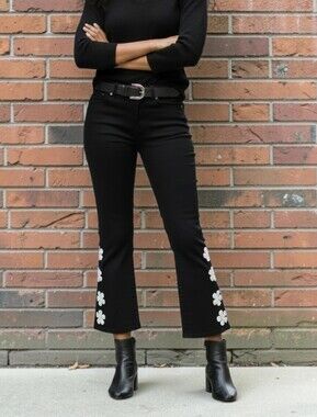 Rock & Republic Women's Sz 6 Black Flare Pants W/ White Floral Accents Boho